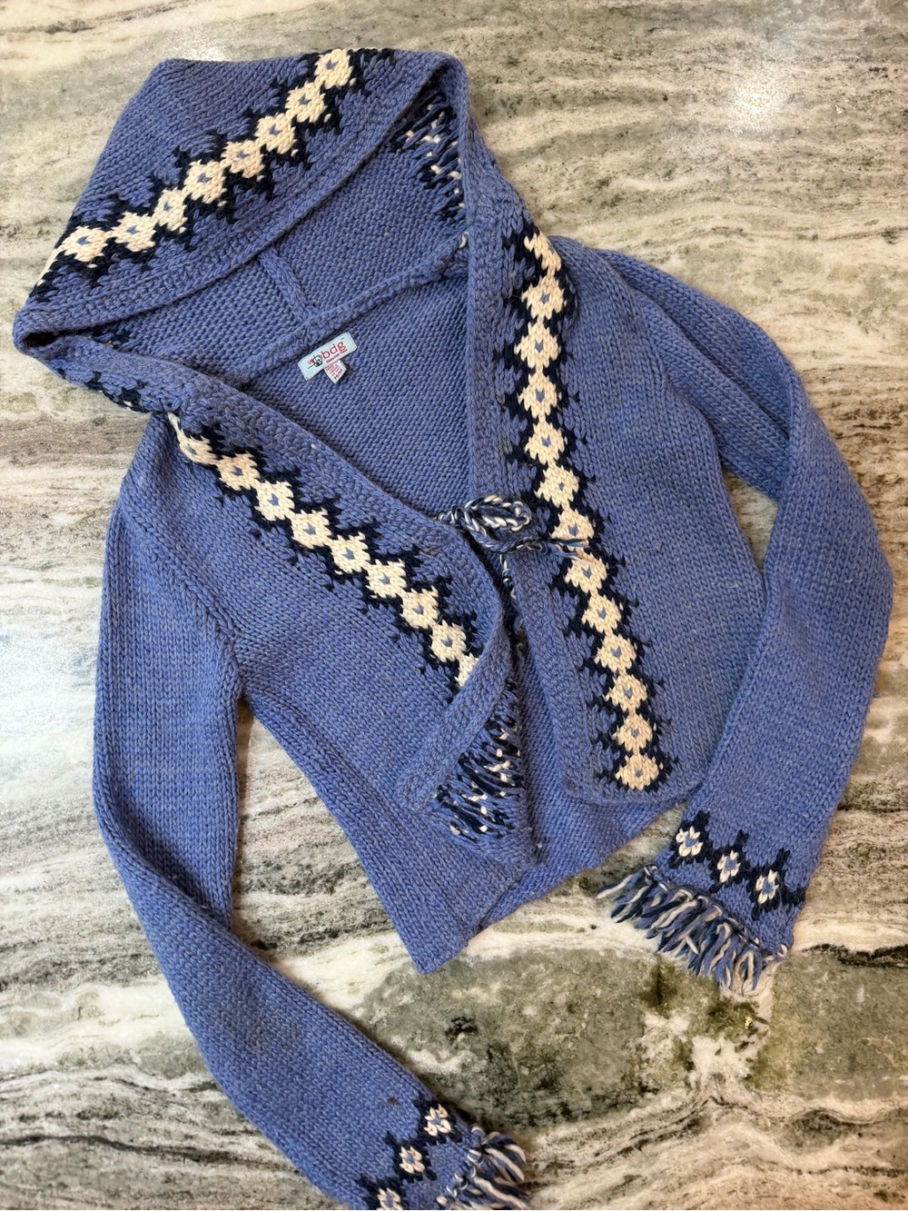 Vintage BDG Urban Outfitters Blue Wool Hooded Cardigan with Fair Isle Detail